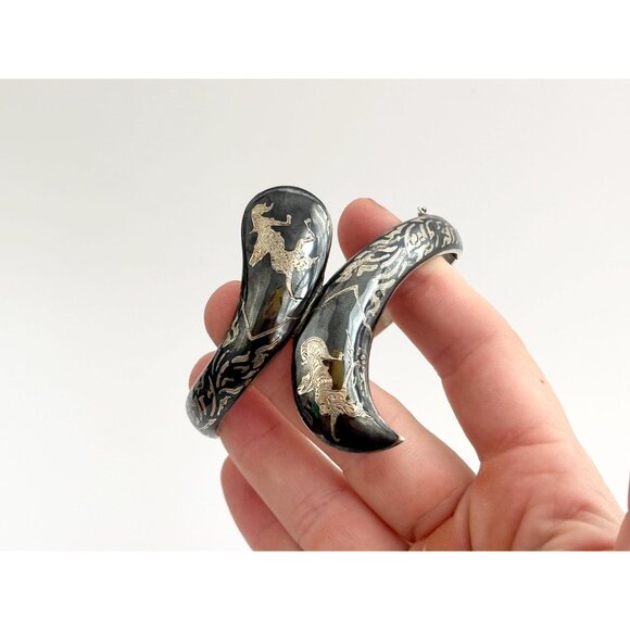 Siam Sterling Silver Bypass Style Hinged Nielloware Thai Made Vintage Bracelet - Picture 12 of 16